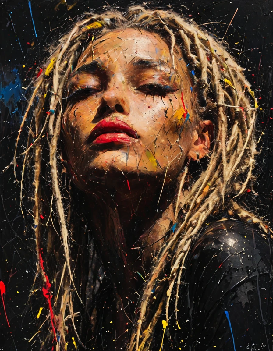 impactful paint of a beautiful Dutch woman with blond dreadlocks, high contrast, high saturated, , vivid deep blacks, crystal clear