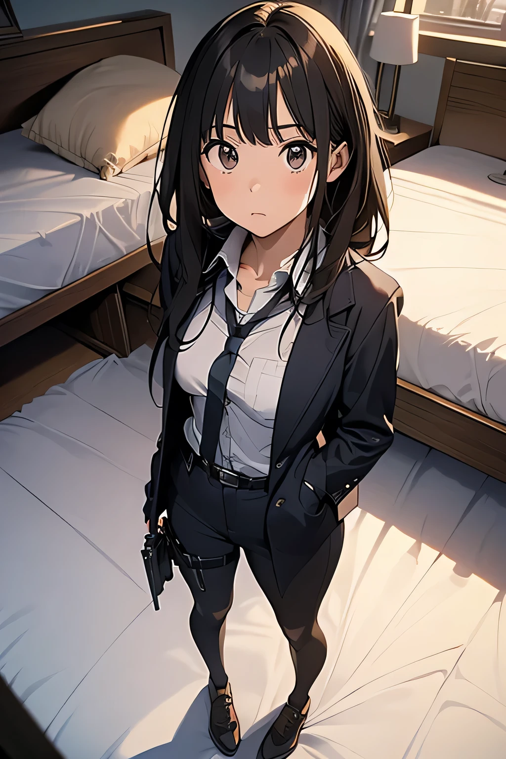 1 female, , high quality, masterpiece, Ultra-high resolution, , Cinema Lighting, , , And the suspenders with the cranes flying　　　Moderate breasts　 　 　　　　Small face　 　　　holster　　　　　　　 Lying in bed　Looking up　　　　Sweat 　　　belt　summer　脇Sweat 　Black Hole Gloves　suit　shirt　　Black jacket　 Black trousers　Leg Links　ズボンにbelt　　holster　 　　Hands behind your back　 Anxious expression　Looking up　Anxious face, legs apart　