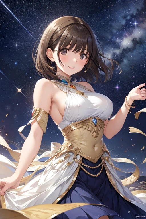 anegasaki nene、Shiny brown hair, short hair, (Beautiful brown eyes、Sparkling eyes, Fine grain)、smile、Ultra-detailed eyes、Very detailedな顔, Very detailedな目,


Highest quality, Highest quality, 16K, SFW, Unbelievably absurd, Very detailed, delicate and dynamic, Natural light, The particles reflect the colors of the rainbow, Diffuse reflection of light, Vortex of Light, There are many sandstorms, Beautiful desert, Colorful starry sky, Beautiful starry sky, milky way, shooting star, Moonlit Night, , Oasis City, Blue Palace, Blue tile wall, Create amazing image effects,
 Upper body close-up, (Cute sexy girl, My chest is shaking, Sensual expression, Passionate, Hilarious, Vibrant, Arab royalty, Arabian Princess, Arabian Long Dress, Gorgeous Dress,, Lavish decoration, Dancing against the backdrop of a starry sky, 