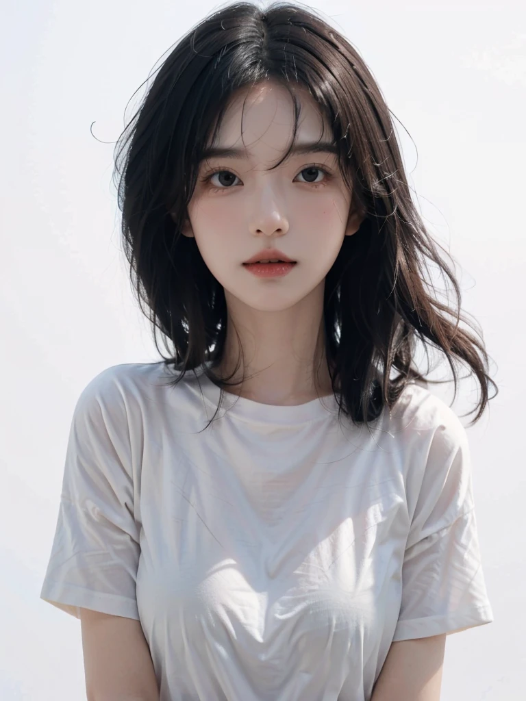 masterpiece, best quality, 1girl ((pure white background)), black hair, floating hair, blush, looking at viewers, white T-shirt, happy, ((front)),upper body, close-up, (studio light) de cospley da alili