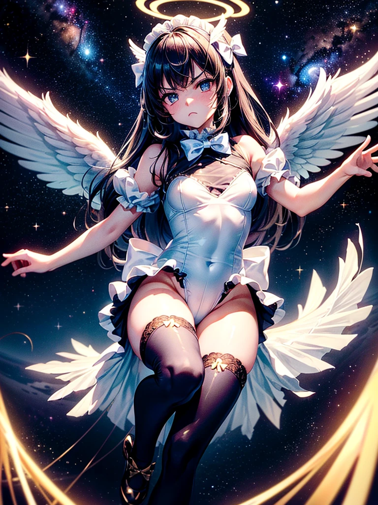 Highest quality,Highest Resolution,Beautiful girl with angry face in maid leotard,Frills,High leg,(((Floating in the air))),Halo,(((universe space))),Milky Way,meteor,Very beautiful eyes,(((White angel wings on the back))),whole body,long hair,(((Shoot a bow))),Knee-high stockings,Floating in the air,