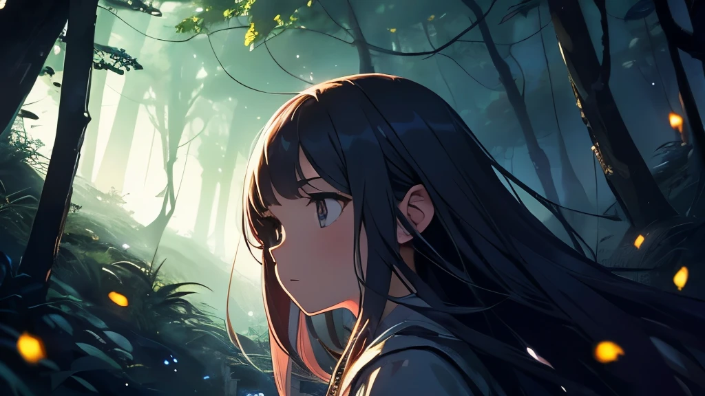 (Better image quality) a girl lost in a dark forest with fireflies.