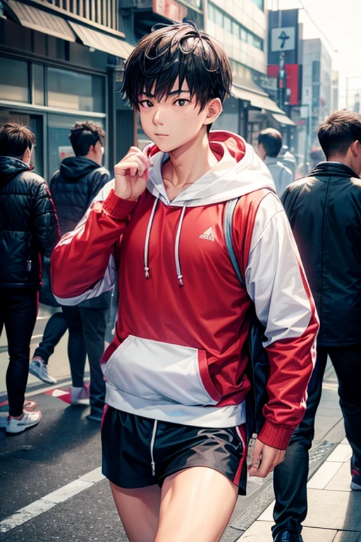 A fitness asian boy wearing hoodie walking in Tokyo streets
