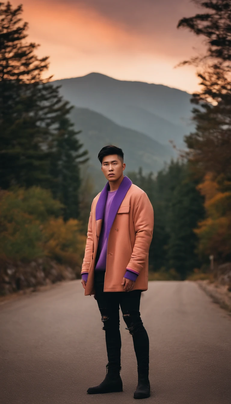 cinematic portrait of an undercut haired Korean man wearing a knit jacket, ripped jeans, boots, standing on the street against the backdrop of majestic mountains bathed in the soft light of a cloudy sunset.   The sky was a mixture of warm orange, pink, and purple, with thick clouds rolling on the horizon.   The mountains are rugged and dramatic, covered in lush greenery and dotted with cozy little cabins.  Behind him, you can see a narrow and winding road leading into the distance, posing handsomely while looking at the camera