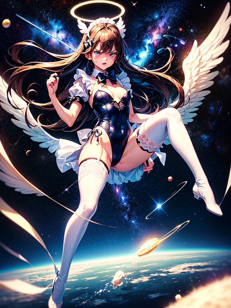 Highest quality,Highest Resolution,Beautiful girl with angry face in maid leotard,Frills,High leg,(((Floating in the air))),Halo,(((universe space))),Milky Way,meteor,Very beautiful eyes,(((White angel wings on the back))),whole body,long hair,(((Shoot a bow))),Knee-high stockings,Floating in the air,