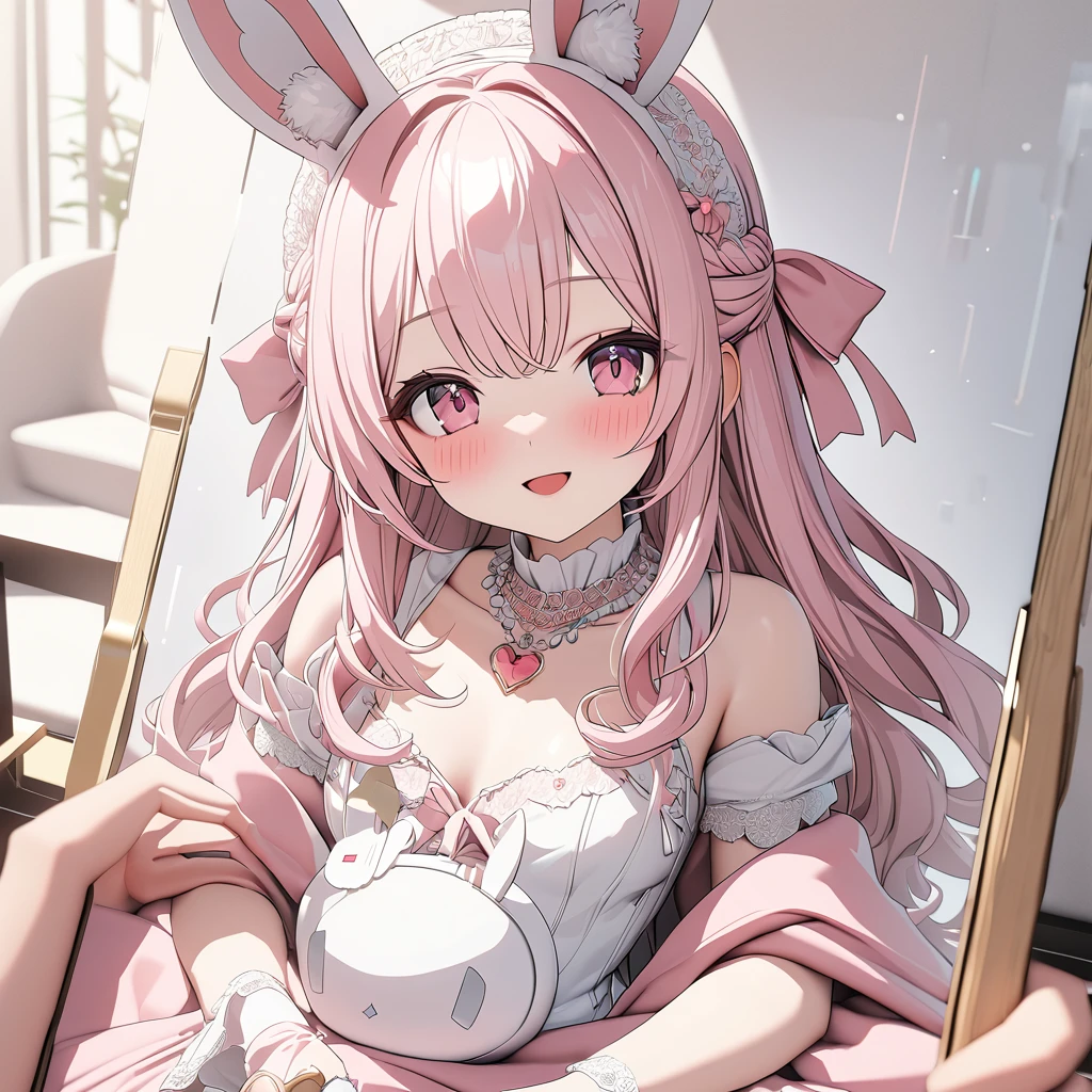 highest quality, highest quality, Very detailed, high resolution, expensive resolution, Human Development Report, 4K, 8K, unity 8K wallpaper, expensively detailed CG, masterpiece, Practical, photoPractical, 2D, 3d, Beautiful details, depth, Delicate texture , very good: 1.3, Fully focus, crispy.skin, .he,
Very cute anime girl with Pink bun wearing expensive , A girl, Smile、Solitary, Pink bun, Animal ears, Bunny ears, mole under the eye, looking at the viewer , expensive , blush, mole, Bunny ears, Open your mouth, Hair accessories, heart, Pink Eyes, Necklace
