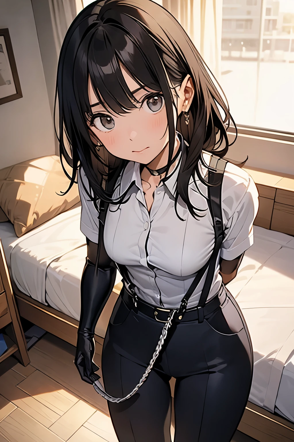 1 female, , high quality, masterpiece, Ultra-high resolution, , Cinema Lighting, , , And the suspenders with the cranes flying Moderate breasts Small face holster Lying in bed Looking up Sweat belt summer 脇Sweat Black Hole Gloves suit shirt Black jacket Black trousers Leg Links ズボンにbelt holster Hands behind your back Anxious expression Looking up Anxious face, legs apart
