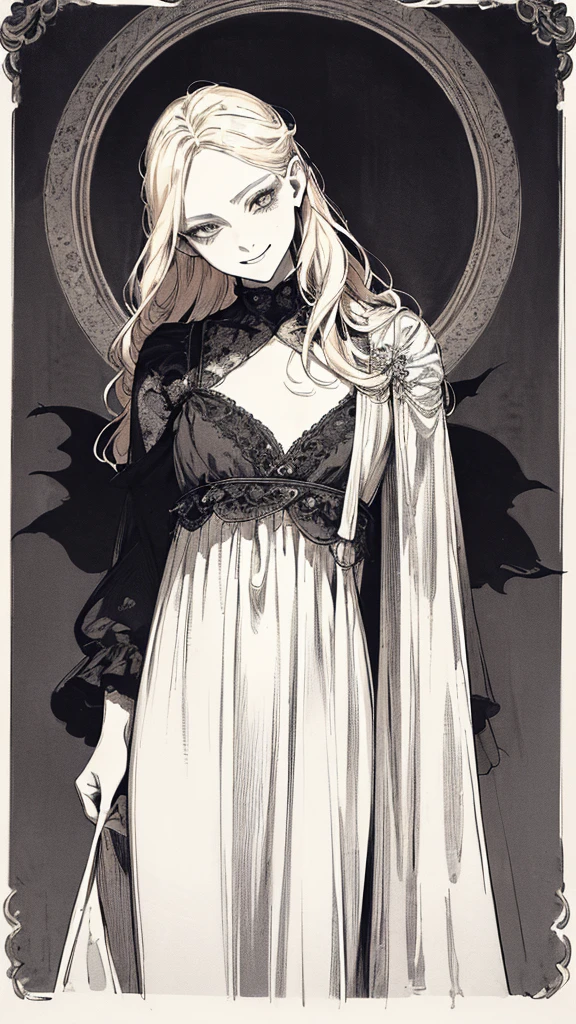 Highest quality, (Background details), High Contrast, Very beautiful , Detailed original illustrations,very small stature、Baby Face、Villain、gnome, Wavy platinum blonde hair、 Delicate face, Spoiled brat、White sundress、Real breasts, Flat Chest、Wicked Smile, Evil Eye, Black background, (Black background: 1. 5), Beautiful line art, Monochrome