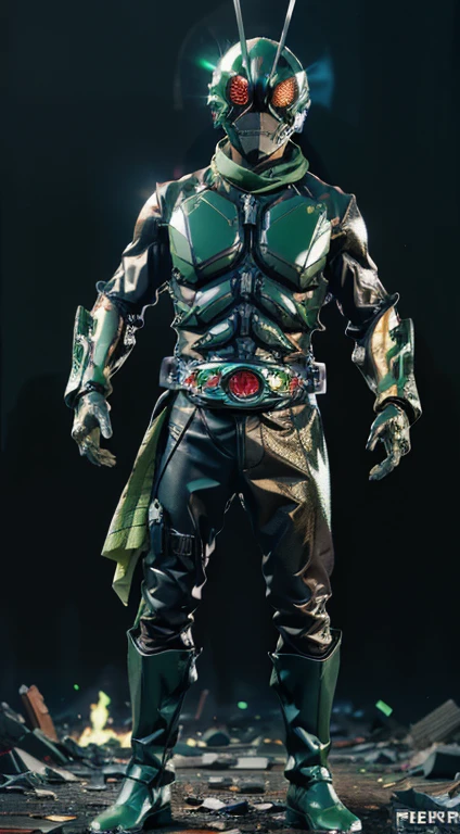 (kamen rider, shinkr), (close up punch to viewer), full body detailed, detailed hands, good fingers, good hands, good legs, scarf, low hood, ruins, floating, explosion, debris, some fire and glitter background, ((green glowing core in armor)), ultra hd, ultra realistic texture, (flare lens:1.2), (long shot:0.9)