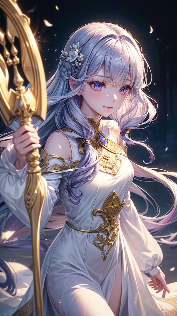 (最high quality, High resolution:1.2), Super detailed, Mysterious, Ethereal atmosphere, Beautiful attention to detail, Detailed lips, masterpiece, Shrinkage rate(8K, 最high quality, masterpiece: 1.2), Fire emblem: Genealogy of the Holy War,Deirdre,purplish-silver hair,Wavy Hair,Fleeting,Long walking stick,White robe,beautiful girl,Moonlit Night,sexy,Glamour,Purple eyes,sacred,Dynamic pose,One Girl,Flower Field,Lakeside(the best品質を最高に8K, CG, Beautiful and exquisite upper body, Floral forest background, Complex facial features, Almond Eyes, Exquisite eye makeup, Long eyelashes fluttering, Blinking big eyes, (masterpiece, 最high quality, the best, Official Art, Beautiful and beautiful, Long-term exposure: 1., Smooth movement, Attractive patterns, 1 Girl, (Long sleeve dress: 1.3), (((White clothes) )), Delicate face,Lavender colored hair,Wavy Hair, Gradient Hair,Long Hair, Bare shoulders, ,Detailed Background, Delicate face,, Dynamic pose, Suspended particles, Ethereal atmosphere,gem,One Girl,goddess,Delicate and beautiful face,Flowing,Perfect balance, Detailed clothing details,Cinema Lighting, Film Grain, Fujicolor, masterpiece, Textured skin, Very detailed, High detail, high quality, High resolution,Smile