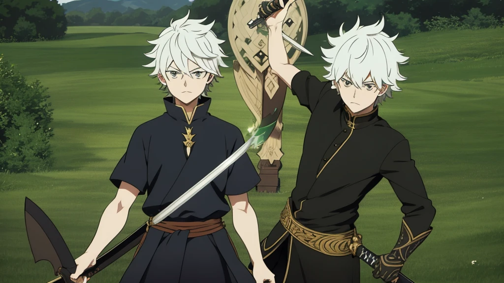 anime styling, Asta Black Clover, green field, martial arts training, antimagic book with sword coming out of it