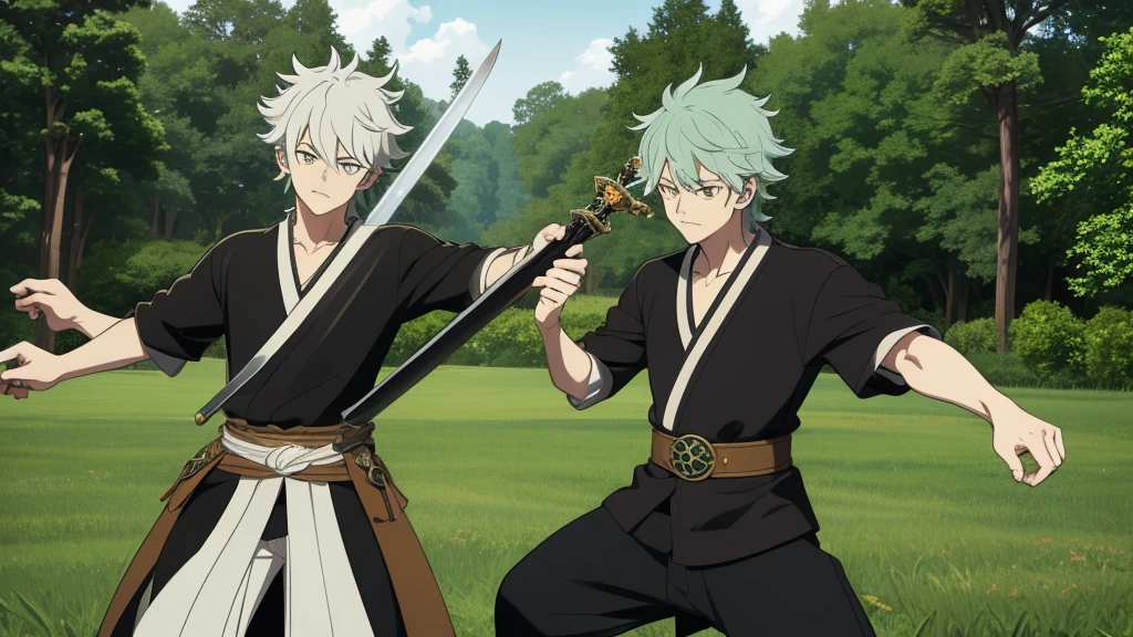 anime styling, Asta Black Clover, green field, martial arts training, antimagic book with sword coming out of it