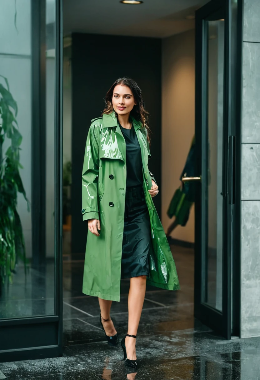 a woman, walking into a building, coming inside, out of the rain, wet clothes. green trenchcoat. beautiful woman. foyer of a trendy corporate office