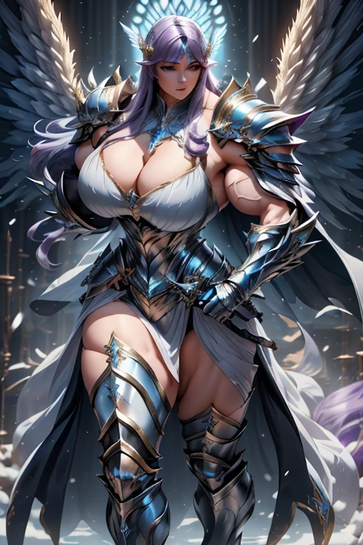 ((Massive beautiful, buff, pale white skinned muscular paladin woman with violet purple hair, giant angel wings, black lipstick, ginormous bulky muscles, carrying a giant sword and wearing angel white paladin knight armored with a long tiered skirt)), ((close view)), large breast, (massive muscles), massive biceps, hyper muscle shoulders, hyper muscle triceps, (long hair with long bangs), (giant angel wings), black eyes, (Paladin boots), (angel metal armor), holy breastplate, (angel gauntlets), (holy Shoulder armor), closed smile, (in a heavenly castle), snowfall, Vascular arms, hyper muscles arms, hyper muscle legs, massive arms.