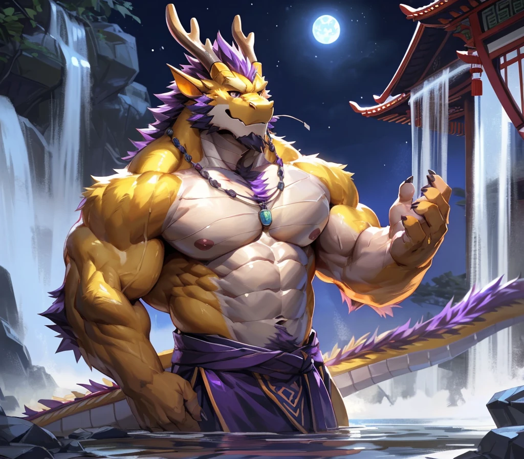 ((best quality)), ((masterpiece)), (ultra detailed),perfect face,antro oriental dragon:2.5, male , (((chinese dragon))):2.5, (((eastern dragon))):2.5,((yellow body)), (strong beefy muscular body), (abs, strongmuscles, 8 pack), furry, handsome,Beautiful and delicate eyes, (ultra detailed eyes, (mauve color):0.2 eyes, sharp eyes), night, detailed scene,full body, shirtless, topless, pink nipples, (by null-ghost,by traver009,by lindong,by pino daeni), (full body), wearing random pattern necklace, claws, ((fluffy fur, fluffy, furry body)), majestic, (a pair of dragon antler), upper body naked, muscular male, (traditional chinese attire, (purple:0.6 Hanfu)), big fellow, huge body, handsome,handsome, majestic, barbarous, anime, hairy, male, by the waterfall, bathing, full body,(Great physique), sweating:1.8