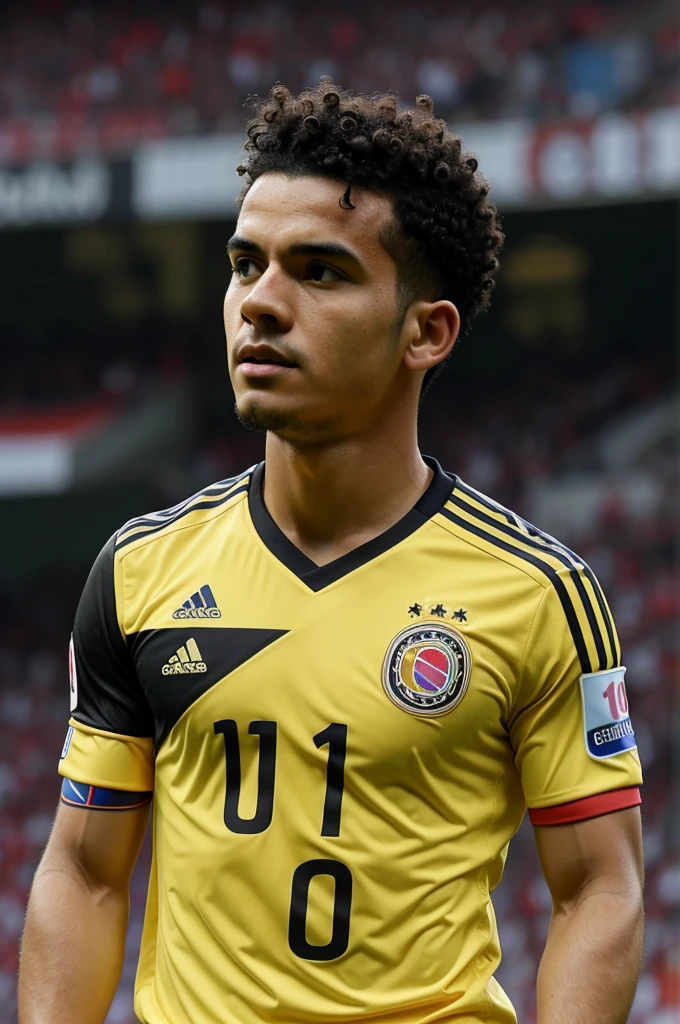 man back, very short curly black hair, round face, with Colombia shirt, on the shirt the name of MAURO and the number 10 on the back of the shirt from the stadium sitting