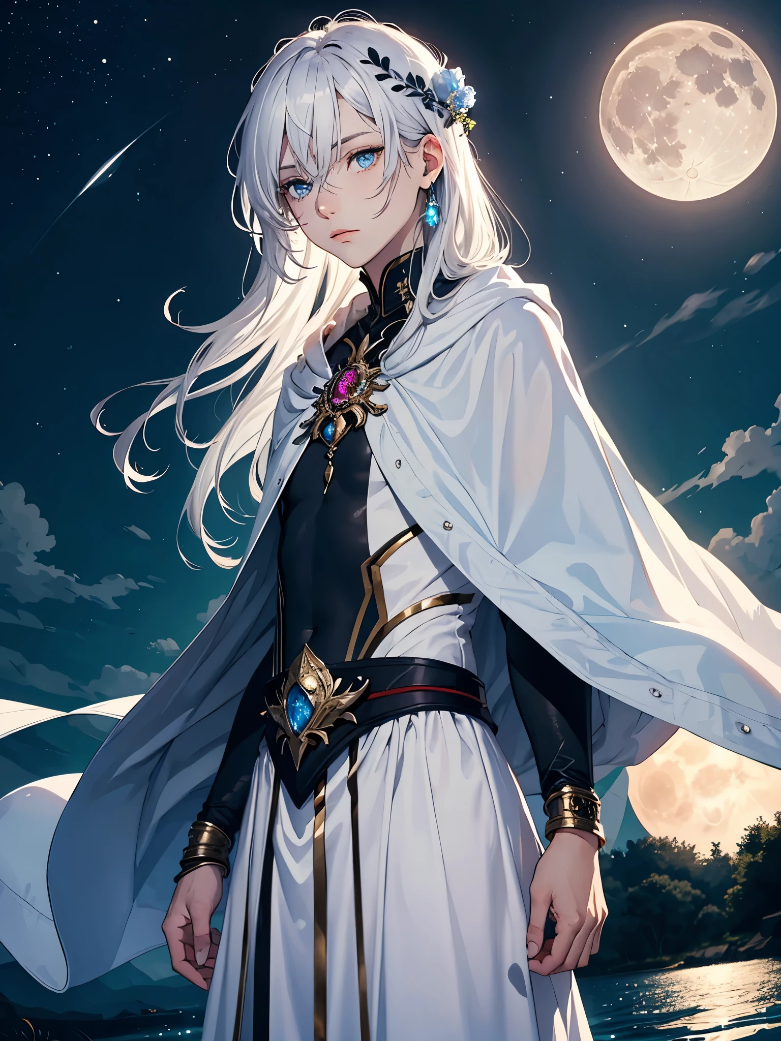Long hair. long white hair. aquatic, boy, Goddess of the Moon, silver hair accessories, White hair, White dress, cape, at night, saturated colors, light eyes, bright, light blue light, blue eyes, Jewelry silver, bluish light, Full moon in the background, aquatic in der Luft rosa kerzen