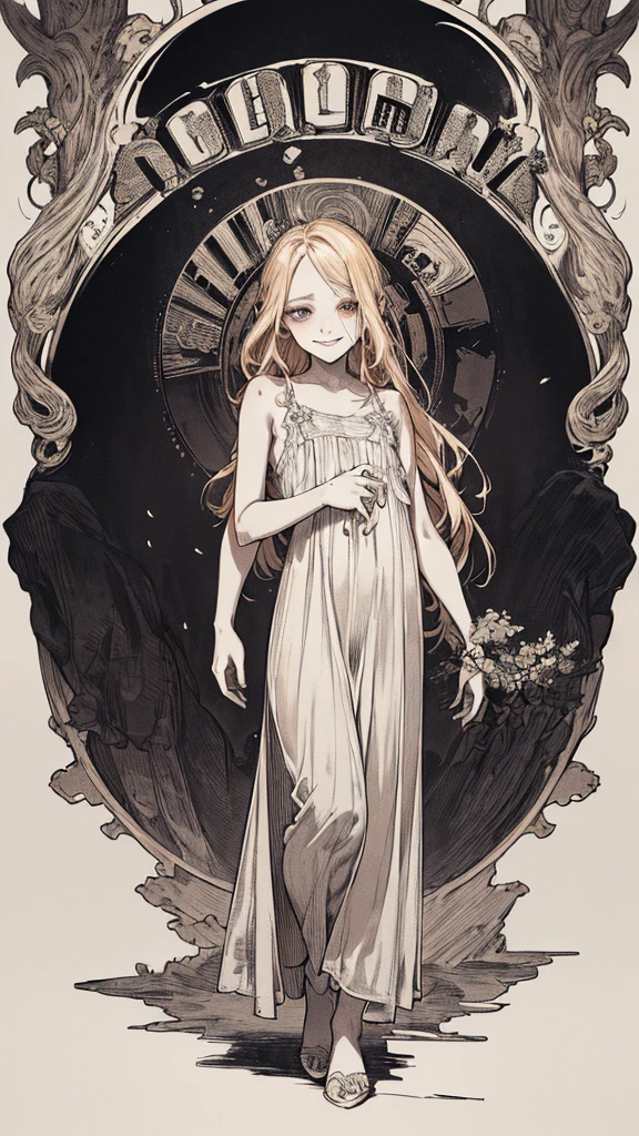 Highest quality, (Background details), High Contrast, Very beautiful , Detailed original illustrations,very small stature、Baby Face、Villain、gnome, Wavy platinum blonde hair、 Delicate face, Spoiled brat、White sundress、Real breasts, Flat Chest、Wicked Smile, Evil Eye, Black background, (Black background: 1. 5), Beautiful line art, Monochrome
