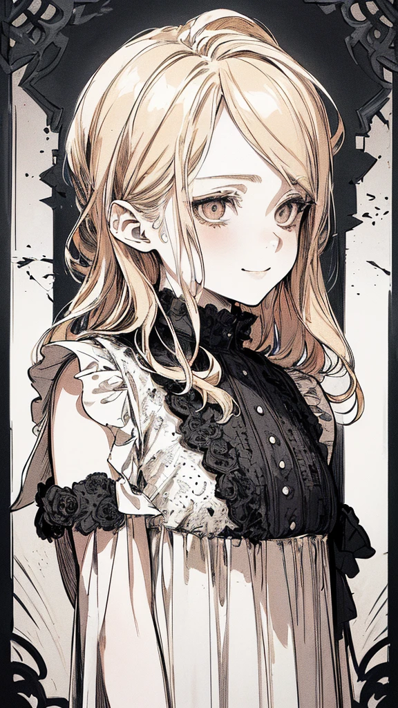 Highest quality, (Background details), High Contrast, Very beautiful , Detailed original illustrations,very small stature、Baby Face、Villain、gnome, Wavy platinum blonde hair、 Delicate face, Spoiled brat、White sundress、Real breasts, Flat Chest、Wicked Smile, Evil Eye, Black background, (Black background: 1. 5), Beautiful line art, Monochrome