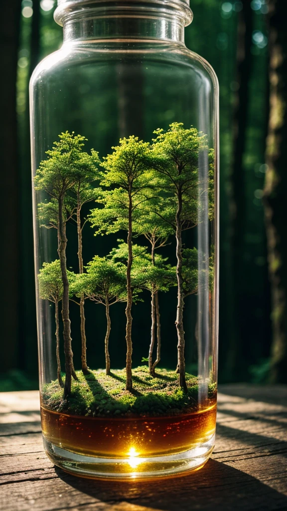(An intricate forest minitown landscape trapped in a bottle), atmospheric oliva lighting, on the table, 4k UHD, dark vibes, hyper detailed, vibrant colours forest background, epic composition, octane render, sharp focus, high resolution isometric