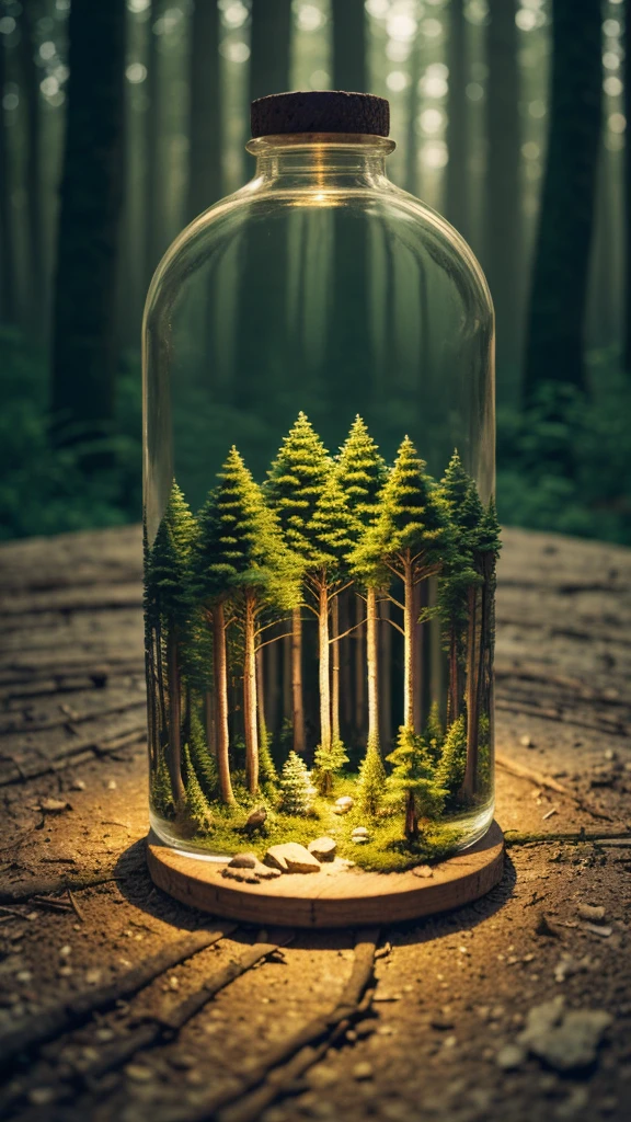 (An intricate forest minitown landscape trapped in a bottle), atmospheric oliva lighting, on the table, 4k UHD, dark vibes, hyper detailed, vibrant colours forest background, epic composition, octane render, sharp focus, high resolution isometric