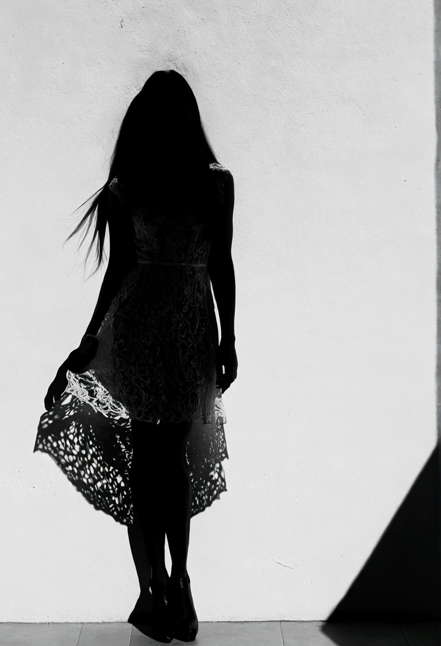 Shadow of a woman,with long hair,with a short dress