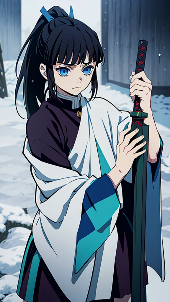 Kimetsu no Yaiba style, 1 mature, girl, blue eyes, a hashira, pretty, long dark brown hair in ponytail, curtain bangs, annoyed expression, noble, Pillar Demon Slayer, holding a sword, wearing demon slayer uniform, holding a blue demon slayer sword, dark and snowy background