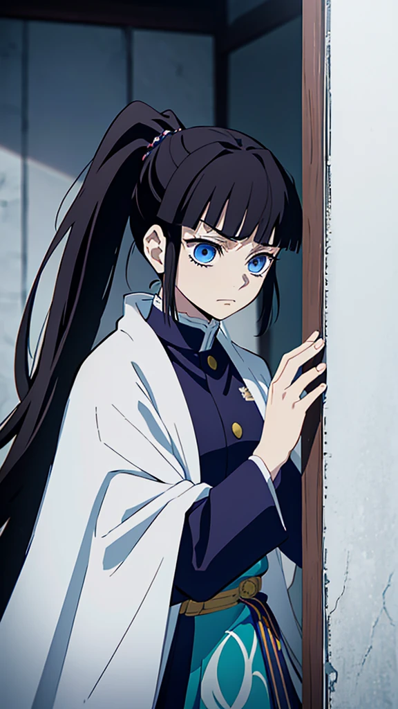Kimetsu no Yaiba style, 1 mature, girl, blue eyes, a hashira, pretty, long dark brown hair in ponytail, curtain bangs, annoyed expression, noble, Pillar Demon Slayer, holding a sword, wearing demon slayer uniform, holding a blue demon slayer sword, dark and snowy background