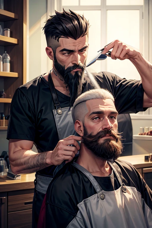 a barber cutting beard