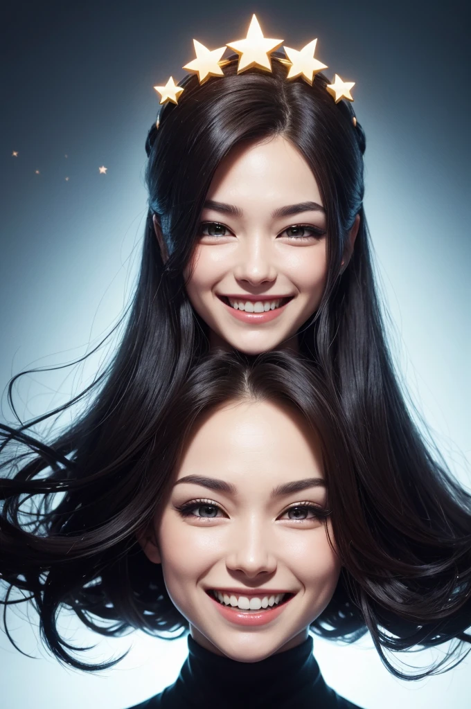Create a psychopath with a giant smile, hair only on the side of the head and eyes that shine like a star