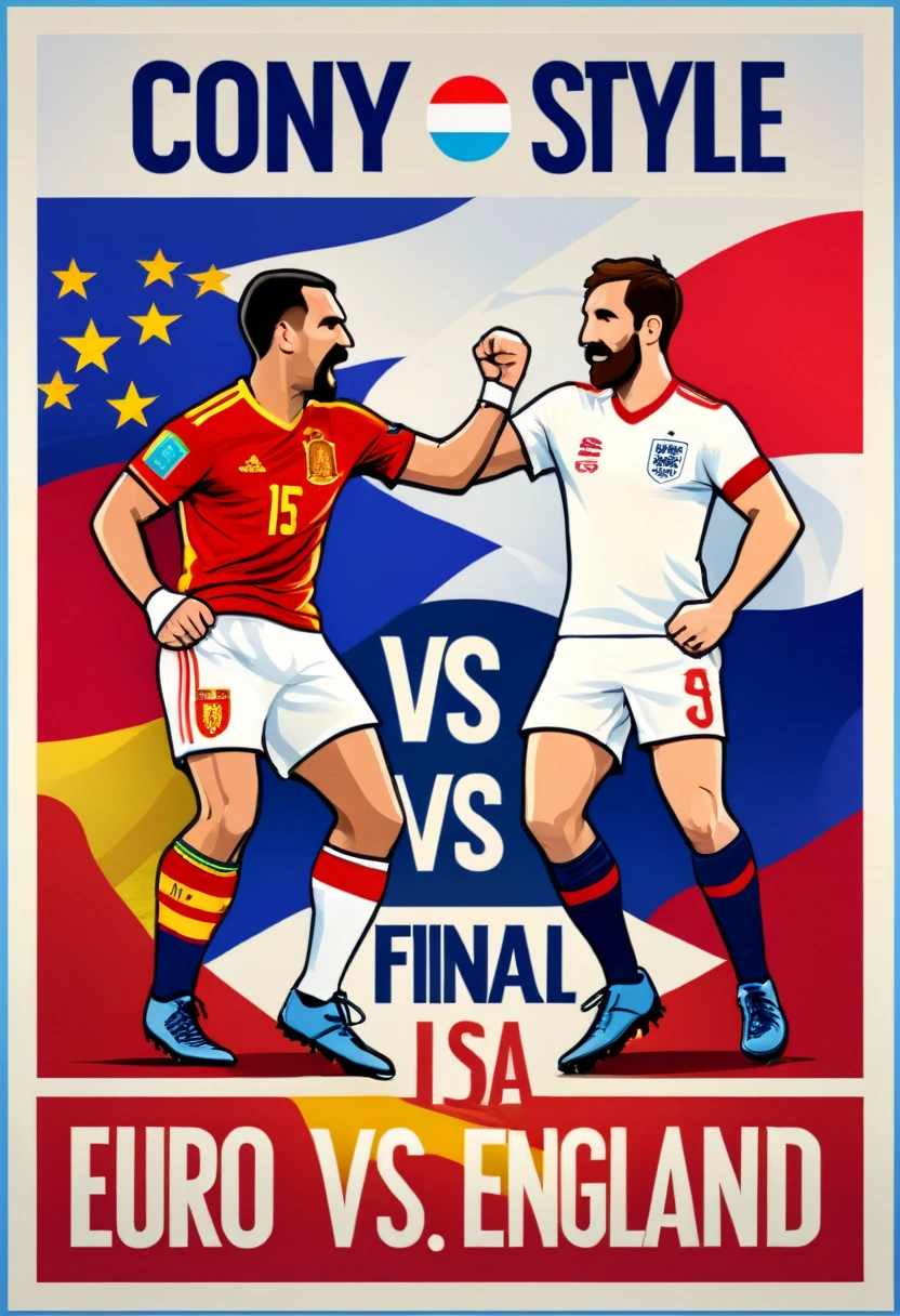 boxing style poster, text big "Cony vs Dafo", text header "Euro 2024 Final" Text "15:00 Espana vs England", colours spain vs england