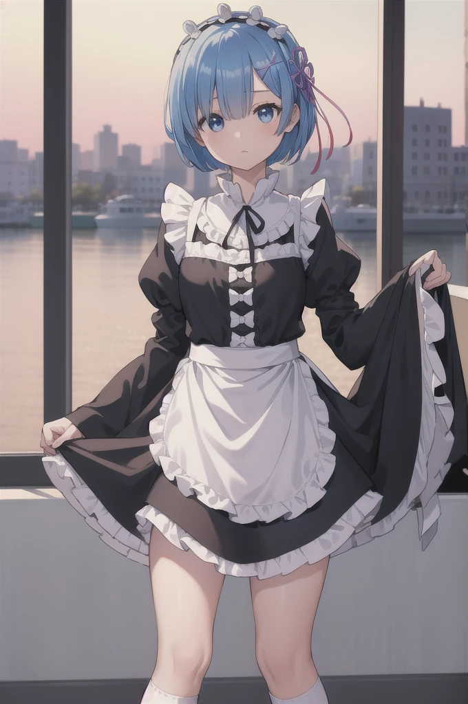 rezeroRem, Rem, blue eyes, Blue Hair, hair ornaments, Hair on one eye, hair ribbon, short hair, x hair ornaments,
break apron, black ribbon, black skirt, Black sleeves, Detachable collar, Removable sleeves, flower, Frillsエプロン, frilled skirt, Frills, 頭flower輪, Long sleeve, Maid, miniskirt, neck ribbon, purple ribbon, ribbon, ribbon trim, ribbon-trimmed sleeves, roswaal mansion Maid uniform, short hair, skirt, Knee socks, Waist apron, White apron, white Knee socks,
break outdoors, city,
break looking at viewer,
break (masterpiece:1.2), Highest quality, High resolution, unity 8k wallpaper, (figure:0.8), (Beautiful attention to detail:1.6), extRemely detailed face, Perfect lighting, extRemely detailed CG, (Perfect hands, Perfect Anatomy),
