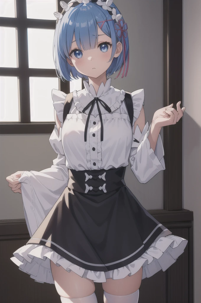 rezeroRem, Rem, blue eyes, Blue Hair, hair ornaments, Hair on one eye, hair ribbon, short hair, x hair ornaments,
break apron, black ribbon, black skirt, Black sleeves, Detachable collar, Removable sleeves, flower, Frillsエプロン, frilled skirt, Frills, 頭flower輪, Long sleeve, Maid, miniskirt, neck ribbon, purple ribbon, ribbon, ribbon trim, ribbon-trimmed sleeves, roswaal mansion Maid uniform, short hair, skirt, Knee socks, Waist apron, White apron, white Knee socks,
break outdoors, city,
break looking at viewer,
break (masterpiece:1.2), Highest quality, High resolution, unity 8k wallpaper, (figure:0.8), (Beautiful attention to detail:1.6), extRemely detailed face, Perfect lighting, extRemely detailed CG, (Perfect hands, Perfect Anatomy),
