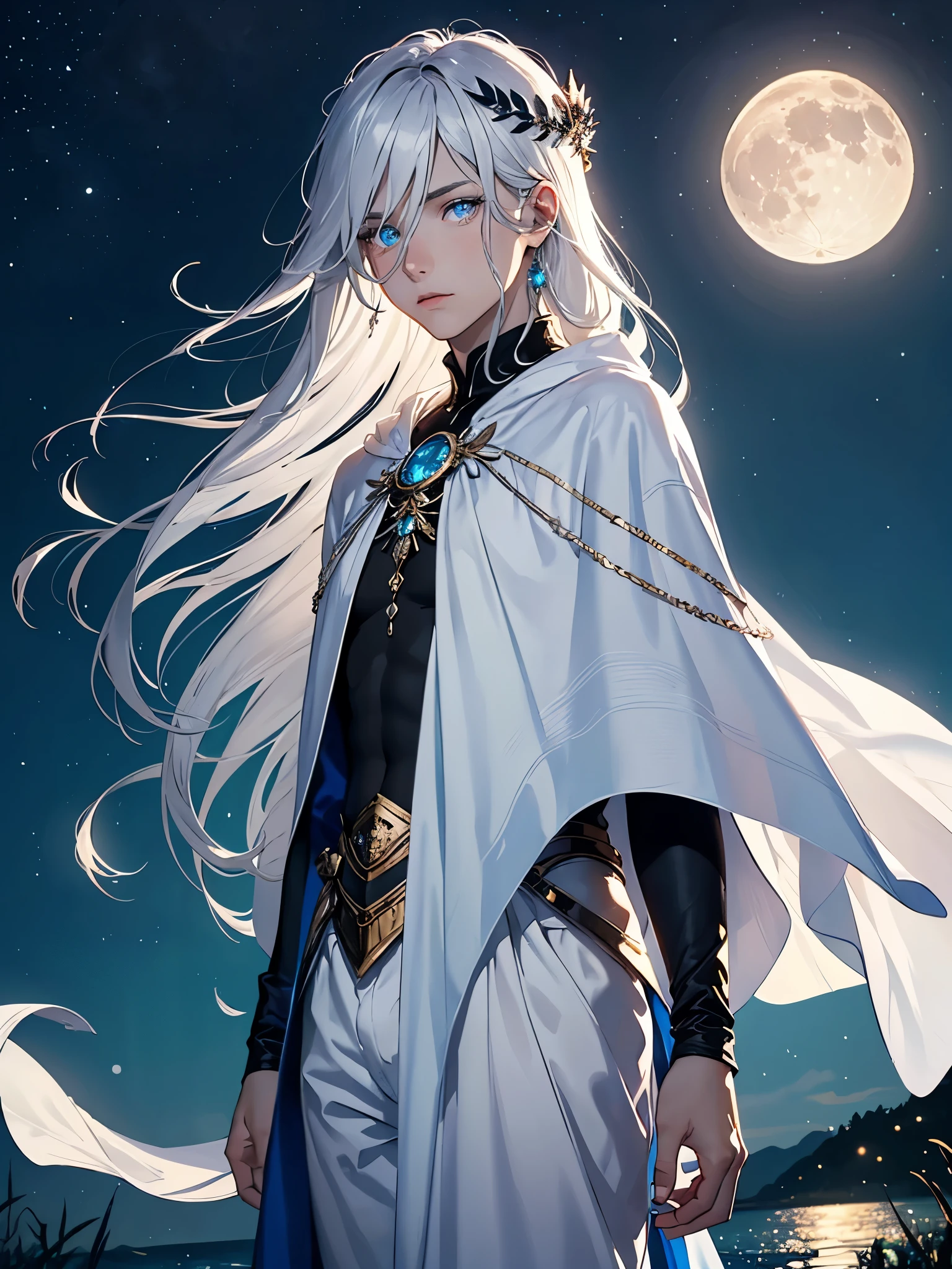 Long hair. long white hair. aquatic, boy, Goddess of the Moon, silver hair accessories, White hair, White dress, cape, at night, saturated colors, light eyes, bright, light blue light, blue eyes, Jewelry silver, bluish light, Full moon in the background, aquatic in der Luft rosa kerzen