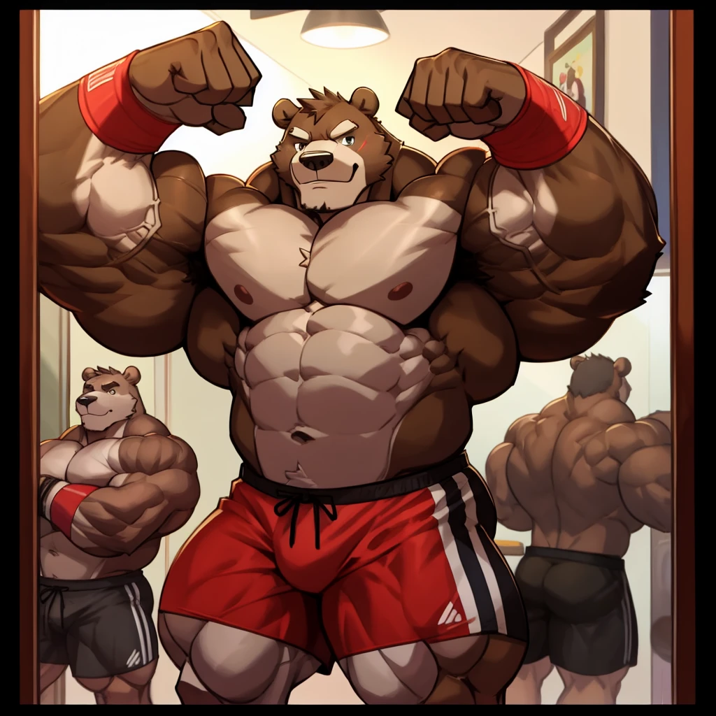Huge muscular thick Bear bodybuilder shirtless in black gym shorts and wristbands flexing and posing at the mirror looking at his muscles pumped.
