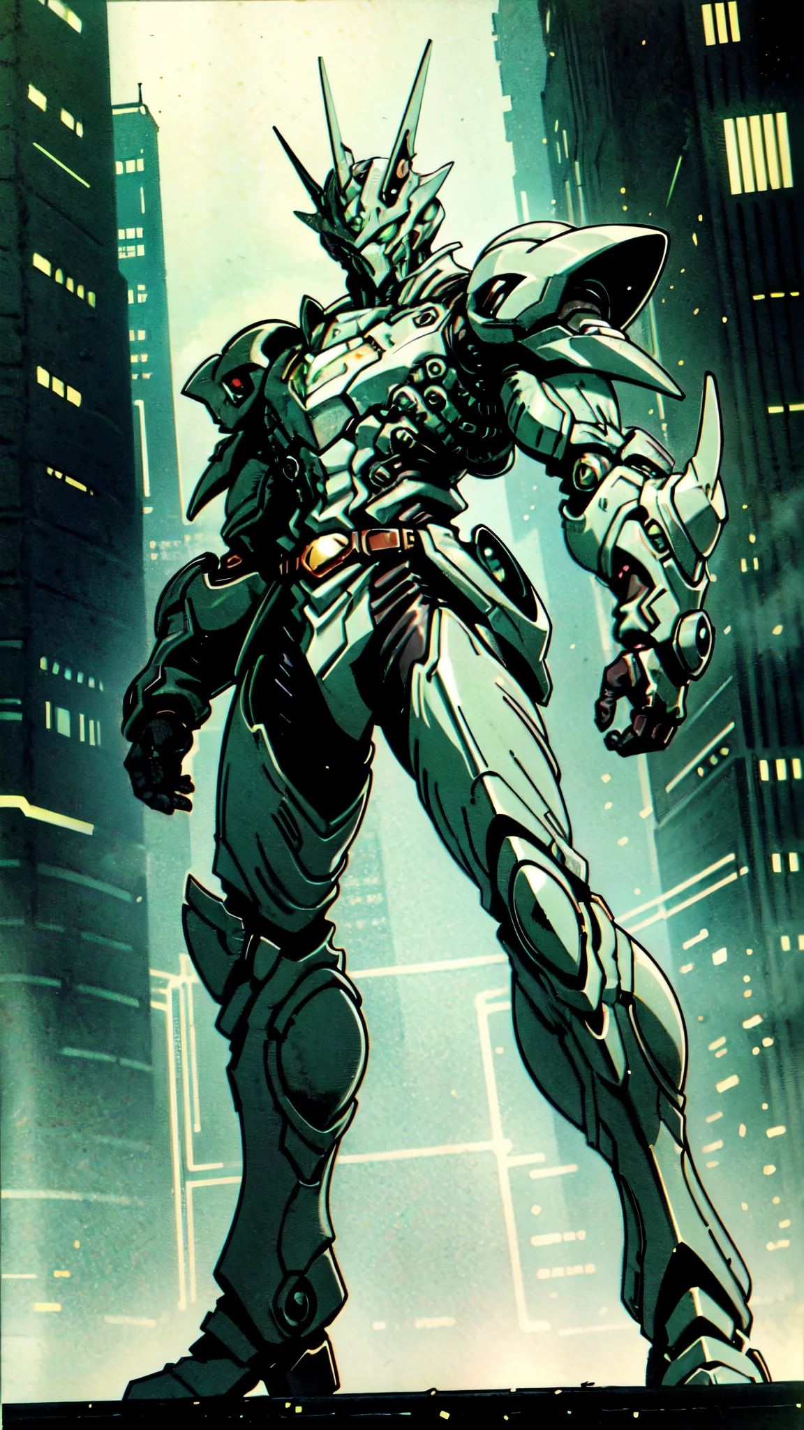 (masterpiece:1.5, best quality:1.5, extremely delicate:1.5, foreshortening:1.5, dynamic angle:1.5), a man wearing a full-face helmet, a fantasy-style biotech armored combat suit, green eyes, (a composite layered chest armor), fully enclosed shoulder guards, matching arm and leg guards, the belt is adorned with neon circuitry, (the color scheme is primarily black with green white accents), the design balances heavy with agility, a high-tech bio-mecha armor, (Armor Concept Inspired by neon Cyberpunk, stand on the top of a skyscraper in a futuristic sci-fi city), this character embodies a finely crafted fantasy-surreal style armored hero in anime style, exquisite and mature manga art style, (element, plasma, energy, the armor glows), ((male:1.5)), metallic, high definition, highres, ultra-detailed, ultra-fine painting, professional, perfect body proportions, golden ratio, anatomically correct, symmetrical face, extremely detailed eyes and face, high quality eyes, creativity, RAW photo, UHD, 32k, Natural light, cinematic lighting, masterpiece-anatomy-perfect