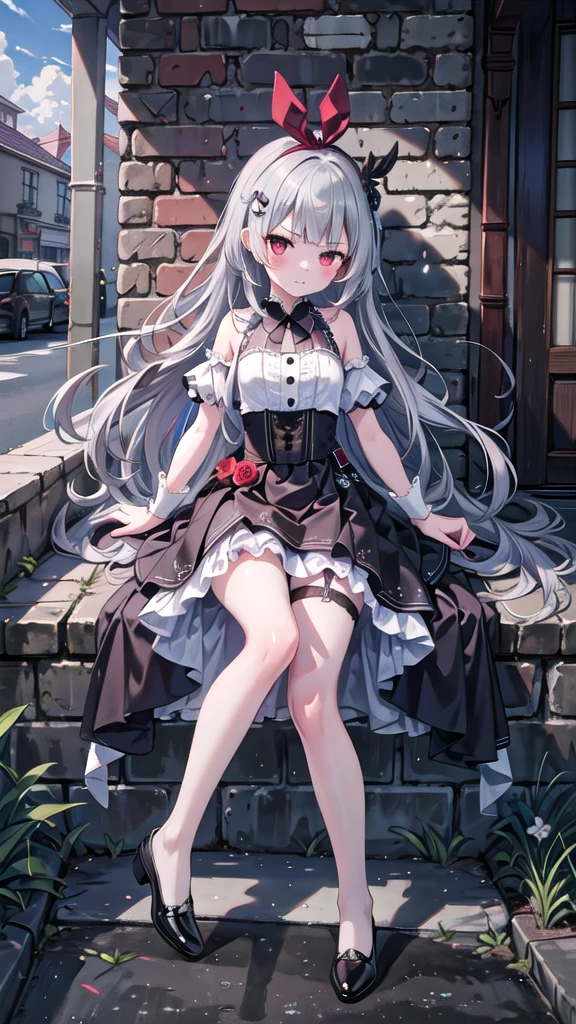 (8K, best quality, master piece: 1.5),super high resolution, One girl, solo, full shot, 10 years old, ultra-detailed face, detailed eyes, rainbow colored iris, wine red eyes, tsurime, annoyed, extra long hair, Silver gray hair, blunt bangs, hairclip, Medium chest, princess dress, bare legs, bridal garter, Alley