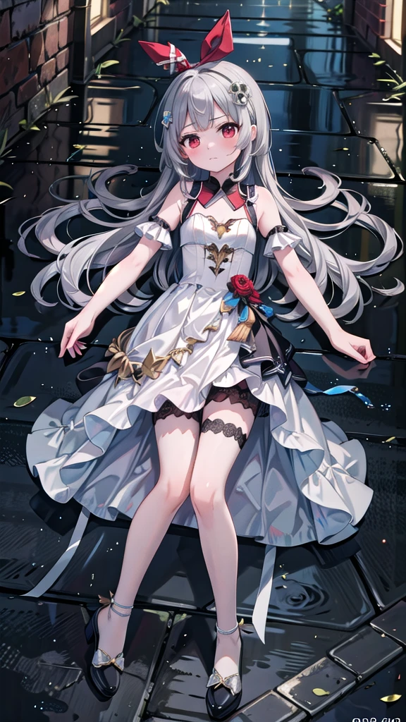 (8K, best quality, master piece: 1.5),super high resolution, One girl, solo, full shot, , ultra-detailed face, detailed eyes, rainbow colored iris, wine red eyes, tsurime, annoyed, extra long hair, Silver gray hair, blunt bangs, hairclip, Medium chest, princess dress, bare legs, bridal garter, Alley