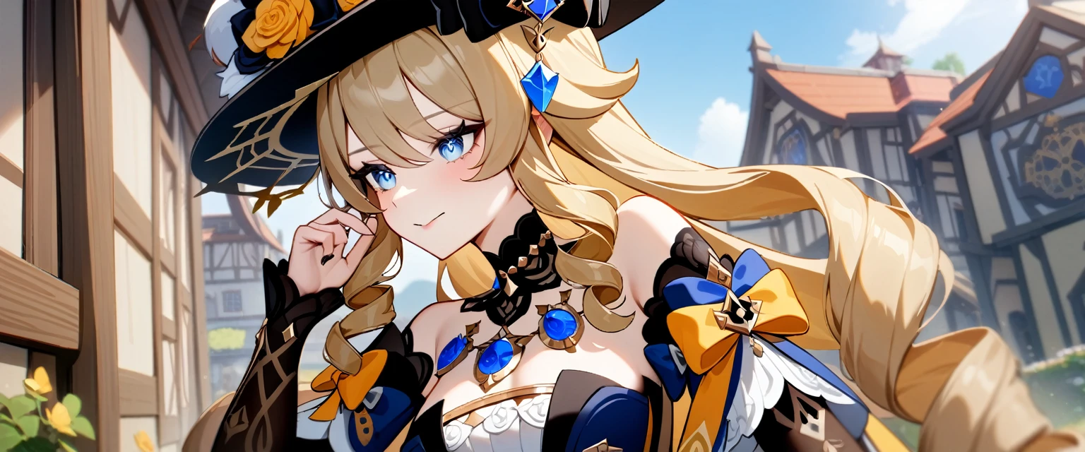 1girl, navia \(genshin impact\), genshin impact,right side,left medival house, perfect eyes,masterpiece,very aesthetic,newest,sensitive