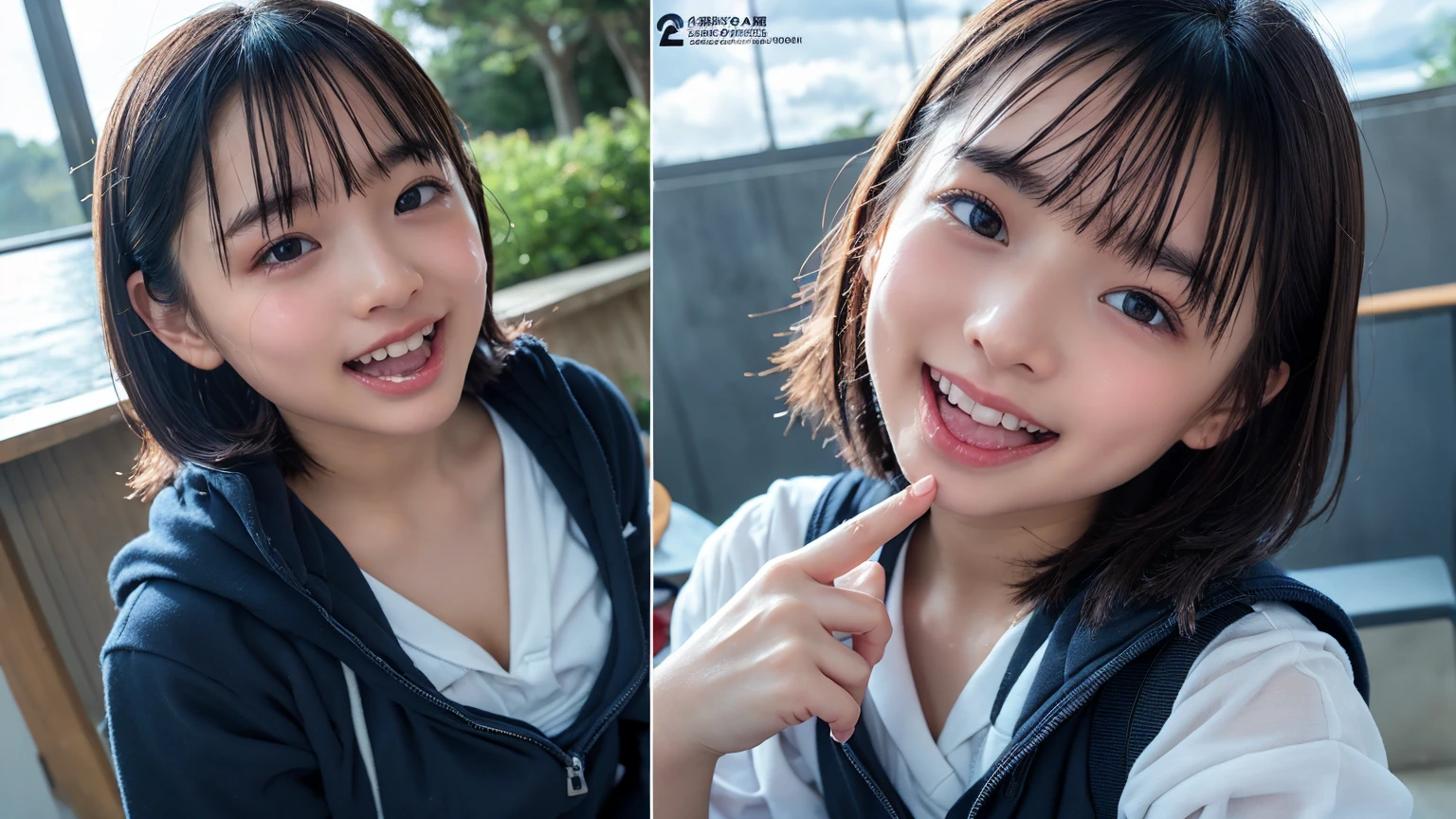 (２Split Photo:1.3)、Magazine Cover:1.3、Japanese,10 years old,Innocent face,Teenage Girl,cute,Primary school students,Private elementary school,uniform,Carrying a small red backpack,Summer clothes,Sitting、front、Cute smile、Laugh with your mouth wide open、((Semen dripping from the mouth:1.2))、Mouth full of semen:1.5、A lot of semen on the tongue、((Cloudy, thick semen))、whole body、Full Body、Semen dripping from the genitals、You can see the nipples、Not wearing a bra、