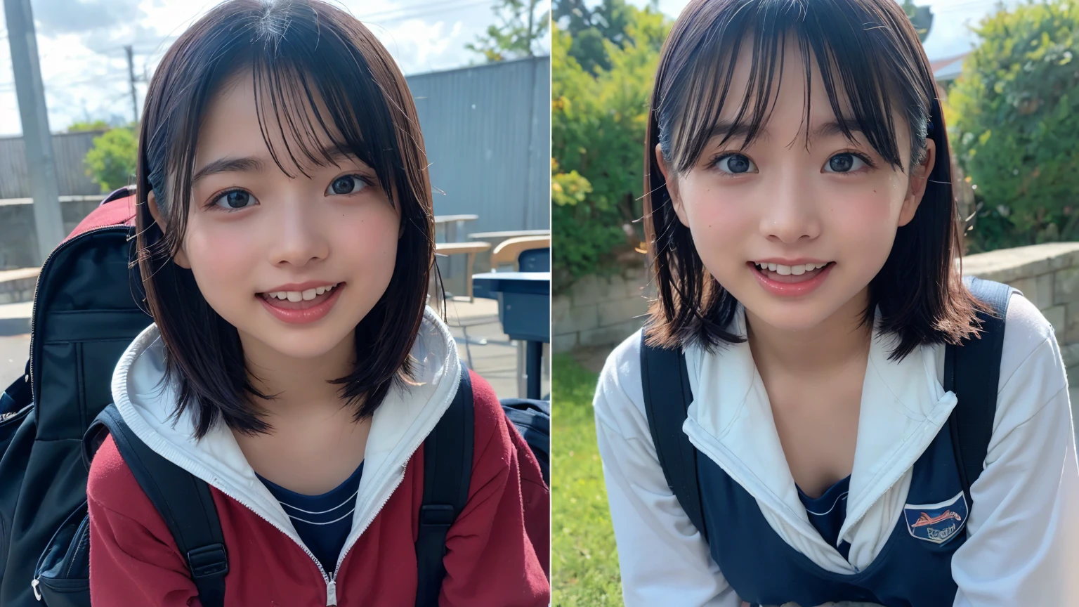 (2Split Photo:1.3)、Magazine Cover:1.3、Japanese,10 years old,Innocent face,Teenage Girl,cute,Primary school students,Private elementary school,uniform,Carrying a small red backpack,Summer clothes,Sitting、front、Cute smile、Laugh with your mouth wide open、((Semen dripping from the mouth:1.2))、Mouth full of semen:1.5、A lot of semen on the tongue、((Cloudy, thick semen))、whole body、Full Body、Semen dripping from the genitals、You can see the nipples、Not wearing a bra、