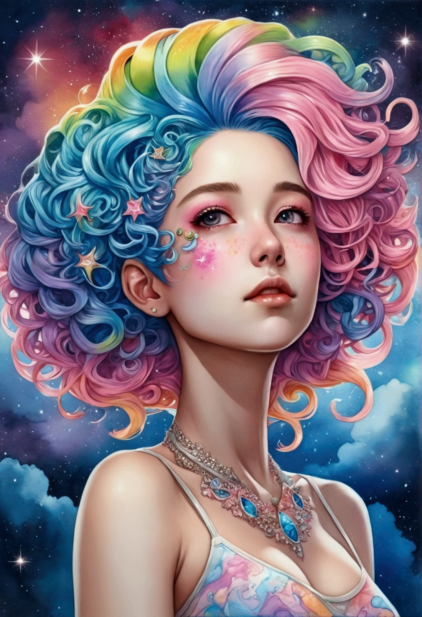 (masterpiece, Highest quality, Highest quality,watercolor (Moderate),Official Art, beautifully、beautiful:1.2),(One Girl:1.3), (Fractal Art:1.3),Upper Body, look up,pattern,(Rainbow Hair,colorful hair,Half blue、Half pink hair:1.2),water,liquid, cloud,colorful, Starry Sky,performer,Large Breasts、tears