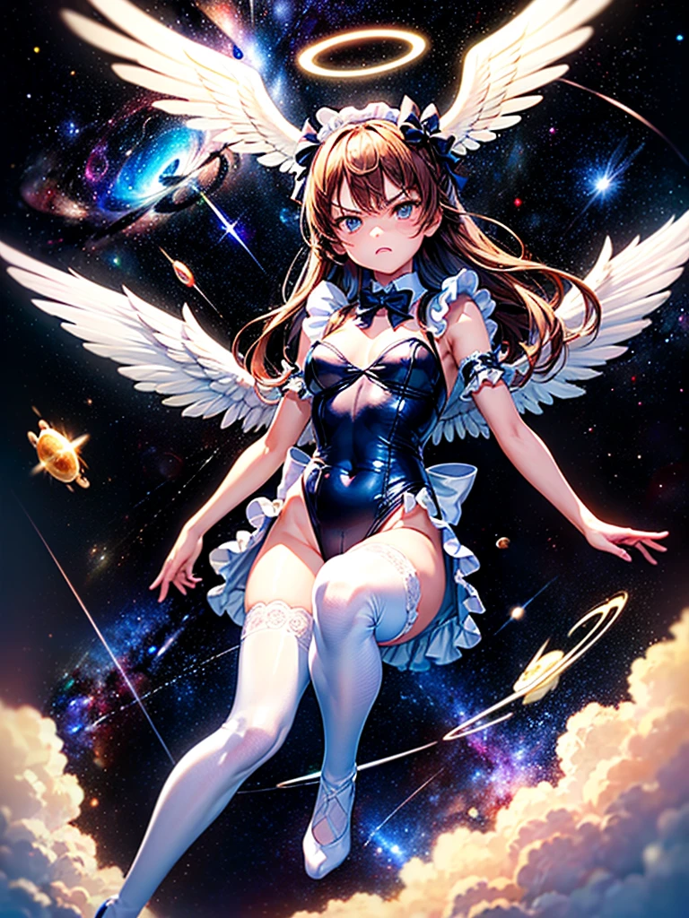 Highest quality,Highest Resolution,Beautiful girl with angry face in maid leotard,Frills,High leg,(((Floating in the air))),Halo,(((universe space))),Milky Way,meteor,Very beautiful eyes,(((White angel wings on the back))),whole body,long hair,(((Shoot a bow))),Knee-high stockings,Floating in the air,