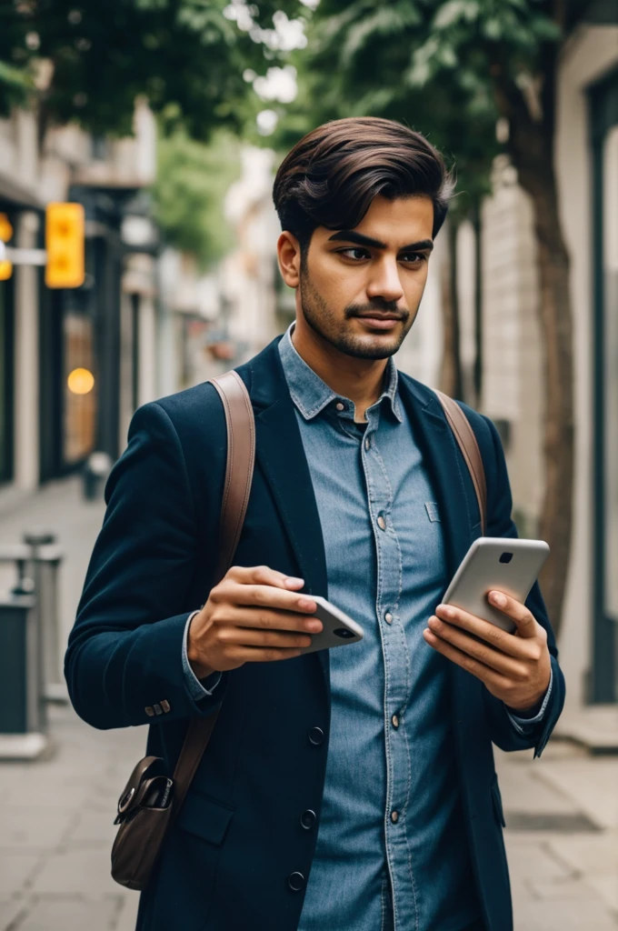 Man with mobile phone in long shot and medium angle