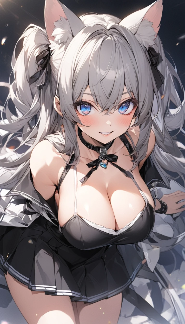 a digital rendering of the character dressed as an anime or manga girl, 1girl, breasts, solo, animal ears, blue eyes, skirt, grey hair, long hair, large breasts, cleavage, black skirt