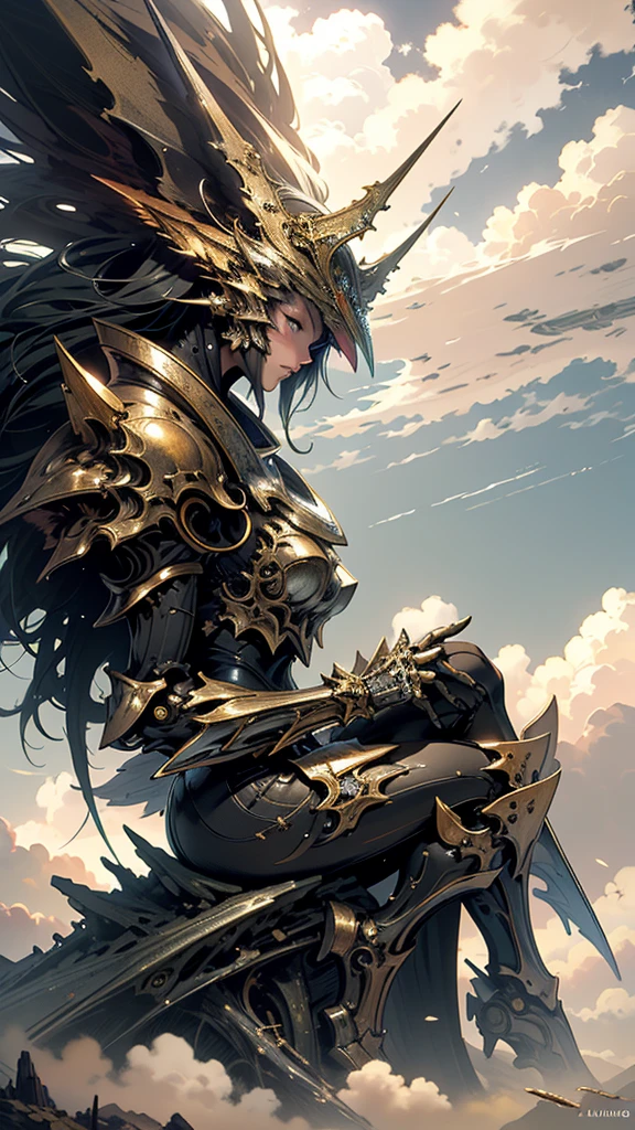 ((Highest quality)), ((masterpiece)), (detailed), Giant Mecha, Horror Beauty, Sit on the clouds, (Fantasy Illustration:1.3), Captivating Gaze, The charm of another world, Mystical Sky, (Luis Royo:1.2), (Yoshitaka Amano:1.1), Moonlit Night, Soft colors, (detailed cloudscape:1.3), (High resolution:1.2)