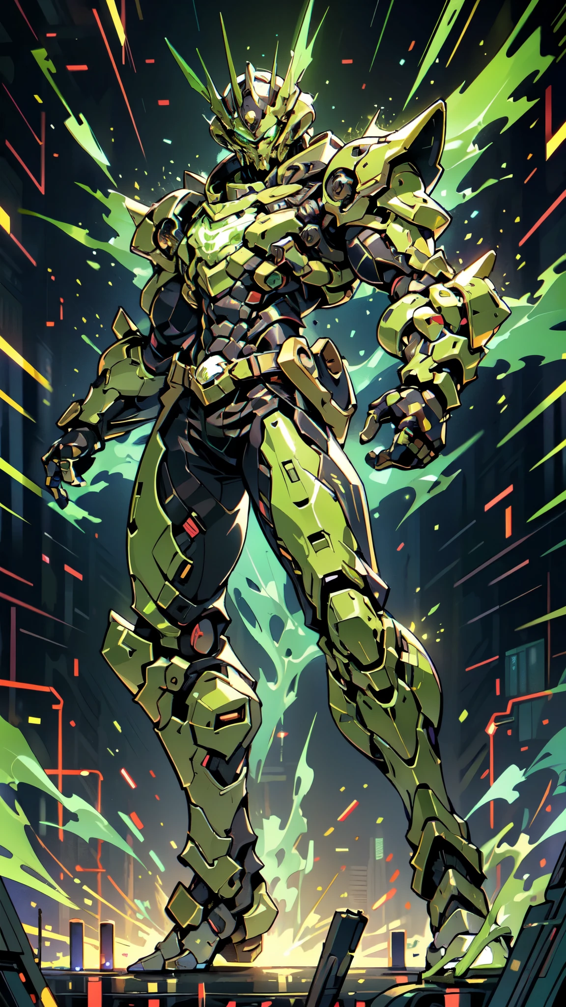 (masterpiece:1.5, best quality:1.5, extremely delicate:1.5, foreshortening:1.5, dynamic angle:1.5), a man wearing a full-face helmet, a fantasy-style biotech armored combat suit, green eyes, (a composite layered chest armor), fully enclosed shoulder guards, matching arm and leg guards, the belt is adorned with neon circuitry, (the color scheme is primarily black with green white accents), the design balances heavy with agility, a high-tech bio-mecha armor, (Armor Concept Inspired by neon Cyberpunk, stand on the top of a skyscraper in a futuristic sci-fi city), this character embodies a finely crafted fantasy-surreal style armored hero in anime style, exquisite and mature manga art style, (element, plasma, energy, the armor glows), ((male:1.5)), metallic, high definition, highres, ultra-detailed, ultra-fine painting, professional, perfect body proportions, golden ratio, anatomically correct, symmetrical face, extremely detailed eyes and face, high quality eyes, creativity, RAW photo, UHD, 32k, Natural light, cinematic lighting, masterpiece-anatomy-perfect