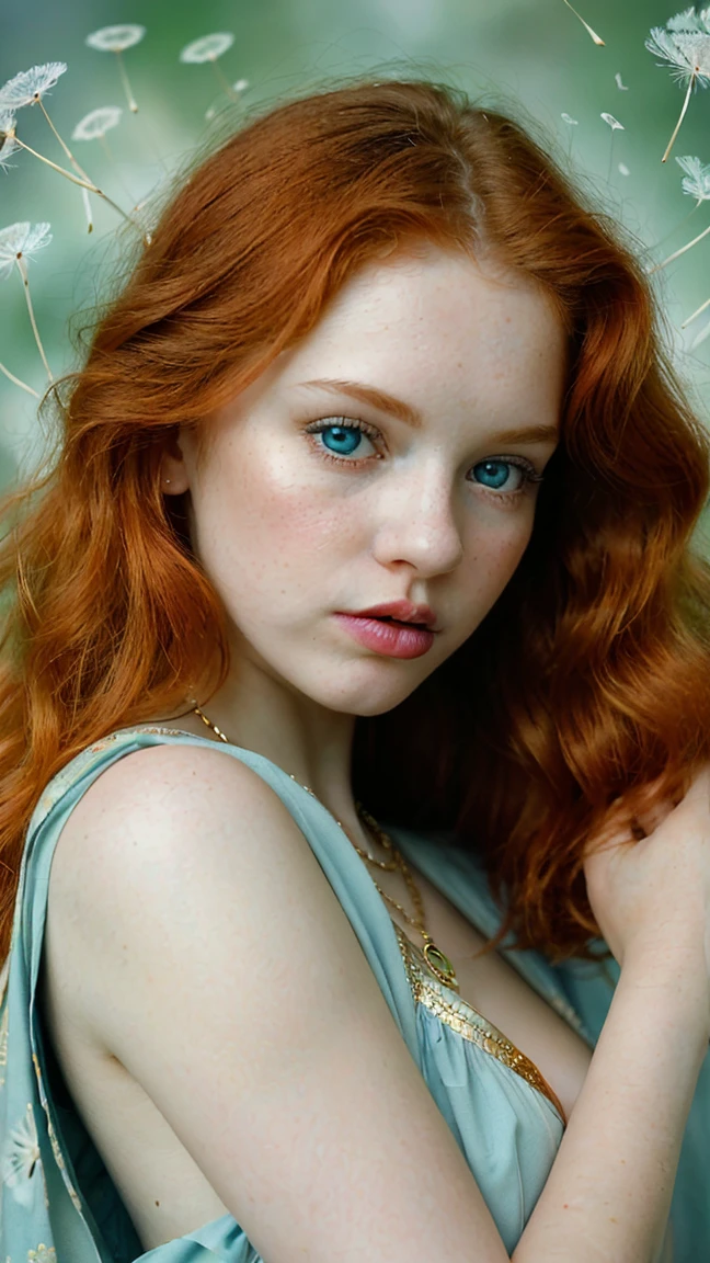 **Analog photography of a redhead girl, 18 years old, with blue eyes, soft makeup, and bold pink puffy lips. Her curly hair frames her very pale skin, highlighting her huge round breasts, she is dressed in a lingerie-set, and gold-wide chains. Oversized eyeglasses(that frame her face), and wears platform-heels on feet.** She is captured on a cute print-blanket, (her mouth is slightly open, her lips almost touching her shoulder), Ethereal atmosphere, The fine art style, attention to details and soft pastel color palette creates a narrative that's both enchanting and delightful. Second Exposure: An overlay of a dandelion-flowers. Description: ((The double exposure creates a magical blend where the girl appears to be part of the natural dandelion-plant-symbolizing the harmony between humanity and nature. The Chemistry-print background give the image a scientific-like quality)).((CLOSE UP SHOT, WITH HER BOLD PINK LIPS)), ((FROM THE ABOVE VIEW)), ((Image in a Bright and Lush Greens))