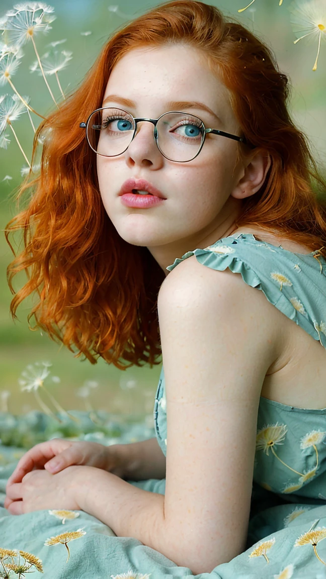**Analog photography of a redhead girl, 18 years old, with blue eyes, soft makeup, and bold pink puffy lips. Her curly hair frames her very pale skin, highlighting her huge round breasts, she is dressed in a lingerie-set, and gold-wide chains. Oversized eyeglasses(that frame her face), and wears platform-heels on feet.** She is captured on a cute print-blanket, (her mouth is slightly open, her lips almost touching her shoulder), Ethereal atmosphere, The fine art style, attention to details and soft pastel color palette creates a narrative that's both enchanting and delightful. Second Exposure: An overlay of a dandelion-flowers. Description: ((The double exposure creates a magical blend where the girl appears to be part of the natural dandelion-plant-symbolizing the harmony between humanity and nature. The Chemistry-print background give the image a scientific-like quality)).((CLOSE UP SHOT, WITH HER BOLD PINK LIPS)), ((FROM THE ABOVE VIEW)), ((Image in a Bright and Lush Greens))