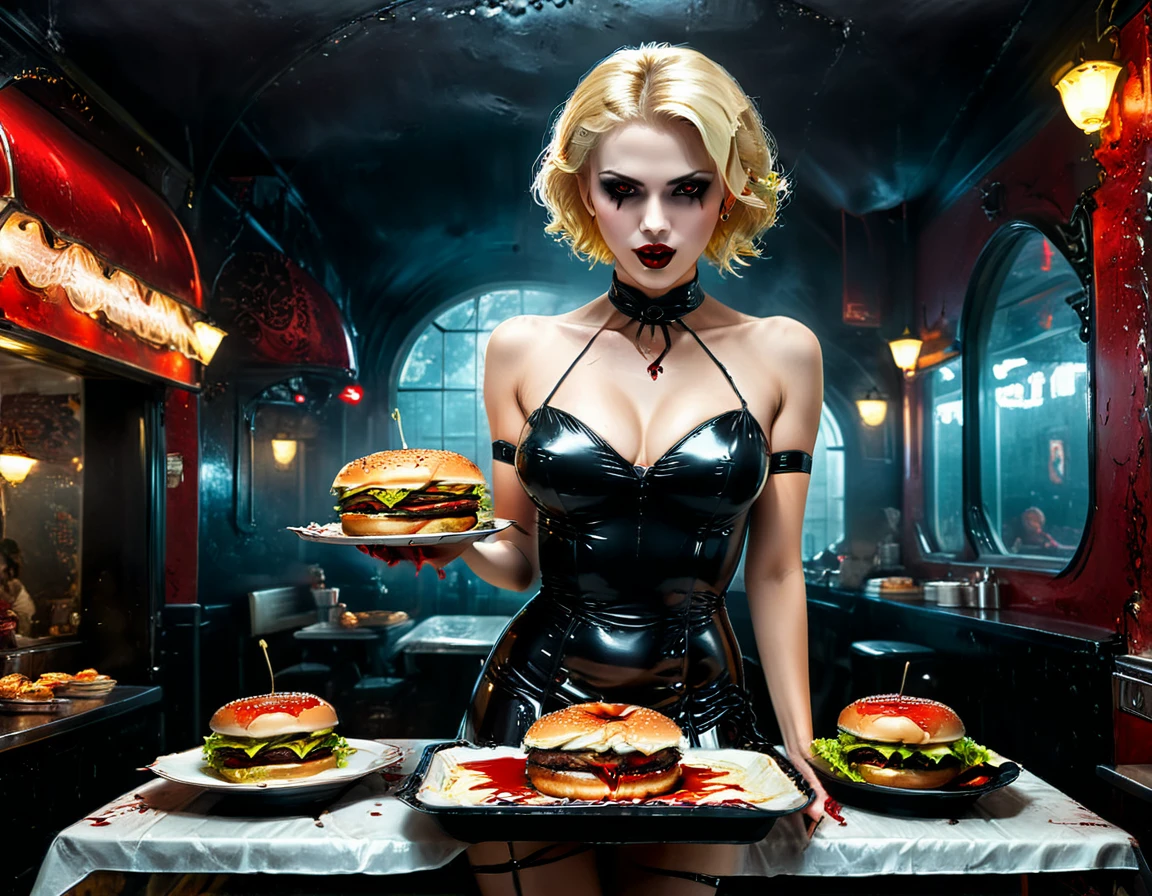 a 3D digital painting picture of extremely (beautiful female vanpire:1.3) ((serving a big juicy raw hamburger: 1.3)) on a tray, dripping blood in a goth American diner, an exquisite beautiful female (vampire:1.3), (full body: 1.3) ultra feminine ultra detailed face, blond hair, short hair, red lips, red eyes, glowing eyes, wearing  glamour white seductive latex dress, serving a goth diner American kitchen background, full body dynamic angle, , award winning, best quality, high quality, high details, highres, vibrant, Ultra-high resolution, High Contrast, (masterpiece:1.5), highest quality, Best aesthetics, best details, best quality, highres, ultra wide angle, 16k, [ultra detailed], masterpiece, best quality, photorealistic, 3D rendering, Cinematic Hollywood Film, chumbasket art style